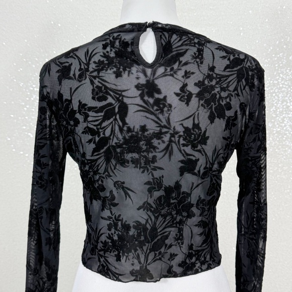 Black Sheer Mesh Floral Crop Top XL Long Sleeve Flocked Burnout Y2K Goth Grunge - Picture 12 of 12